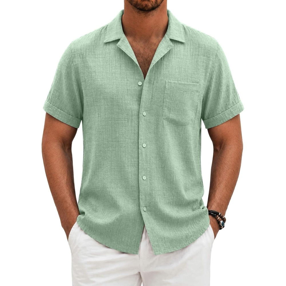 image:imageCOOFANDY Men Short Sleeve Button Down Shirts Summer Linen Textured Shirt Casual Beach Tops with PocketSage Green