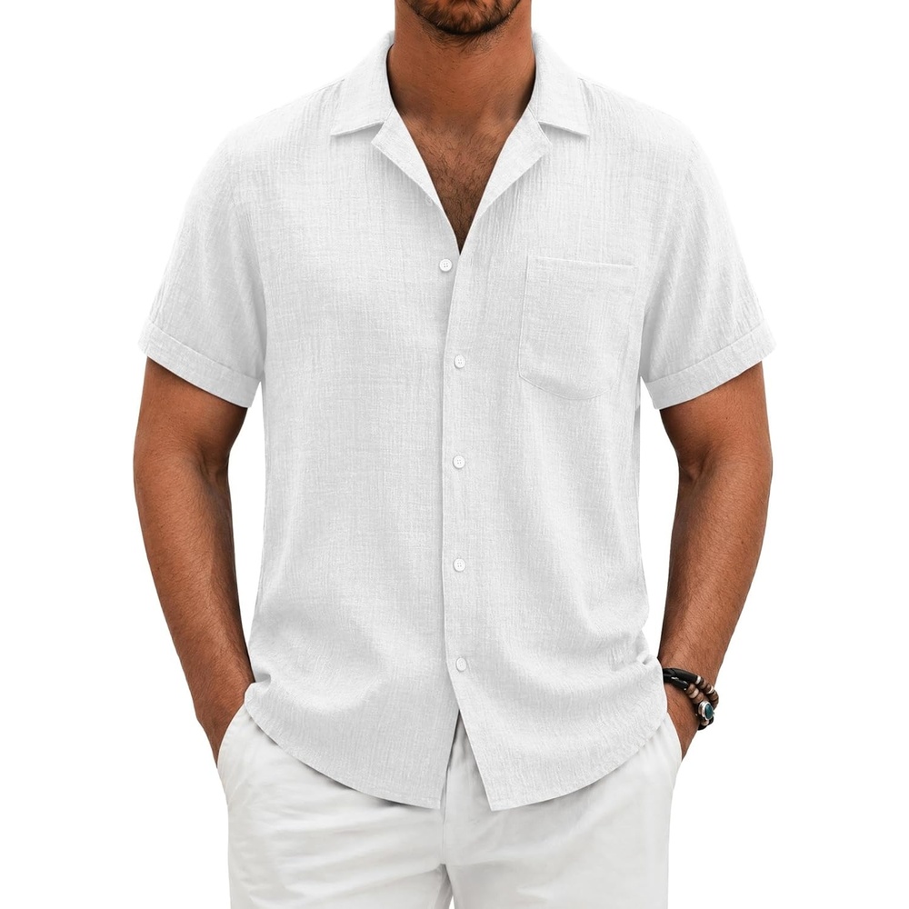 image:imageCOOFANDY Men Short Sleeve Button Down Shirts Summer Linen Textured Shirt Casual Beach Tops with PocketWhite