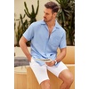 COOFANDY Men Short Sleeve Button Down Shirts Summer Linen Textured Shirt Casual Beach Tops with Pocket(Clear Blue)