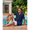 COOFANDY Men Short Sleeve Button Down Shirts Summer Linen Textured Shirt Casual Beach Tops with Pocket(Navy Blue)