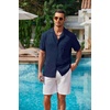 COOFANDY Men Short Sleeve Button Down Shirts Summer Linen Textured Shirt Casual Beach Tops with Pocket(Navy Blue)