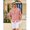 COOFANDY Men Short Sleeve Button Down Shirts Summer Linen Textured Shirt Casual Beach Tops with Pocket(Pink)
