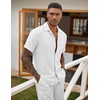 COOFANDY Men Short Sleeve Button Down Shirts Summer Linen Textured Shirt Casual Beach Tops with Pocket(White)