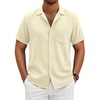 COOFANDY Men Short Sleeve Button Down Shirts Summer Linen Textured Shirt Casual Beach Tops with Pocket(Beige)