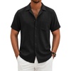 COOFANDY Men Short Sleeve Button Down Shirts Summer Linen Textured Shirt Casual Beach Tops with Pocket(Black)