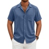 COOFANDY Men Short Sleeve Button Down Shirts Summer Linen Textured Shirt Casual Beach Tops with Pocket(Denim Blue)