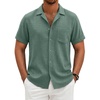 COOFANDY Men Short Sleeve Button Down Shirts Summer Linen Textured Shirt Casual Beach Tops with Pocket(Grey Green)