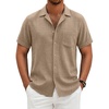 COOFANDY Men Short Sleeve Button Down Shirts Summer Linen Textured Shirt Casual Beach Tops with Pocket(Khaki)