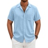 COOFANDY Men Short Sleeve Button Down Shirts Summer Linen Textured Shirt Casual Beach Tops with Pocket(Light Blue)