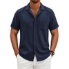 COOFANDY Men Short Sleeve Button Down Shirts Summer Linen Textured Shirt Casual Beach Tops with Pocket(Navy Blue)