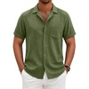COOFANDY Men Short Sleeve Button Down Shirts Summer Linen Textured Shirt Casual Beach Tops with Pocket(Olive Green)