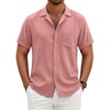 COOFANDY Men Short Sleeve Button Down Shirts Summer Linen Textured Shirt Casual Beach Tops with Pocket(Pink)