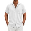 COOFANDY Men Short Sleeve Button Down Shirts Summer Linen Textured Shirt Casual Beach Tops with Pocket(White)