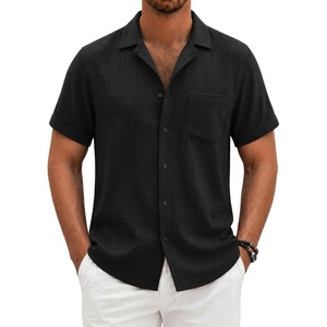 COOFANDY Men Short Sleeve Button Down Shirts Summer Linen Textured Shirt Casual Beach Tops with Pocket(Black)