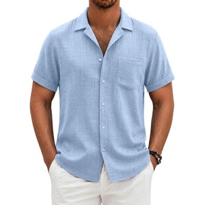 COOFANDY Men Short Sleeve Button Down Shirts Summer Linen Textured Shirt Casual Beach Tops with Pocket(Clear Blue)