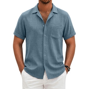 COOFANDY Men Short Sleeve Button Down Shirts Summer Linen Textured Shirt Casual Beach Tops with Pocket(Dark Blue)