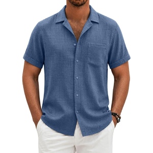 COOFANDY Men Short Sleeve Button Down Shirts Summer Linen Textured Shirt Casual Beach Tops with Pocket(Denim Blue)