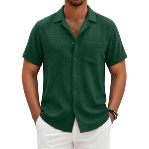 COOFANDY Men Short Sleeve Button Down Shirts Summer Linen Textured Shirt Casual Beach Tops with Pocket(Green)