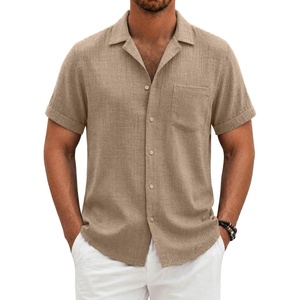 COOFANDY Men Short Sleeve Button Down Shirts Summer Linen Textured Shirt Casual Beach Tops with Pocket(Khaki)