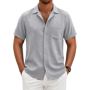 COOFANDY Men Short Sleeve Button Down Shirts Summer Linen Textured Shirt Casual Beach Tops with Pocket(Light Gray)