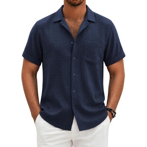 COOFANDY Men Short Sleeve Button Down Shirts Summer Linen Textured Shirt Casual Beach Tops with Pocket(Navy Blue)