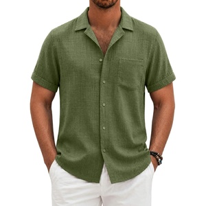 COOFANDY Men Short Sleeve Button Down Shirts Summer Linen Textured Shirt Casual Beach Tops with Pocket(Olive Green)