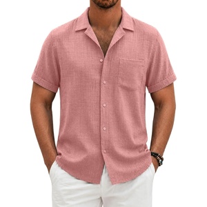 COOFANDY Men Short Sleeve Button Down Shirts Summer Linen Textured Shirt Casual Beach Tops with Pocket(Pink)
