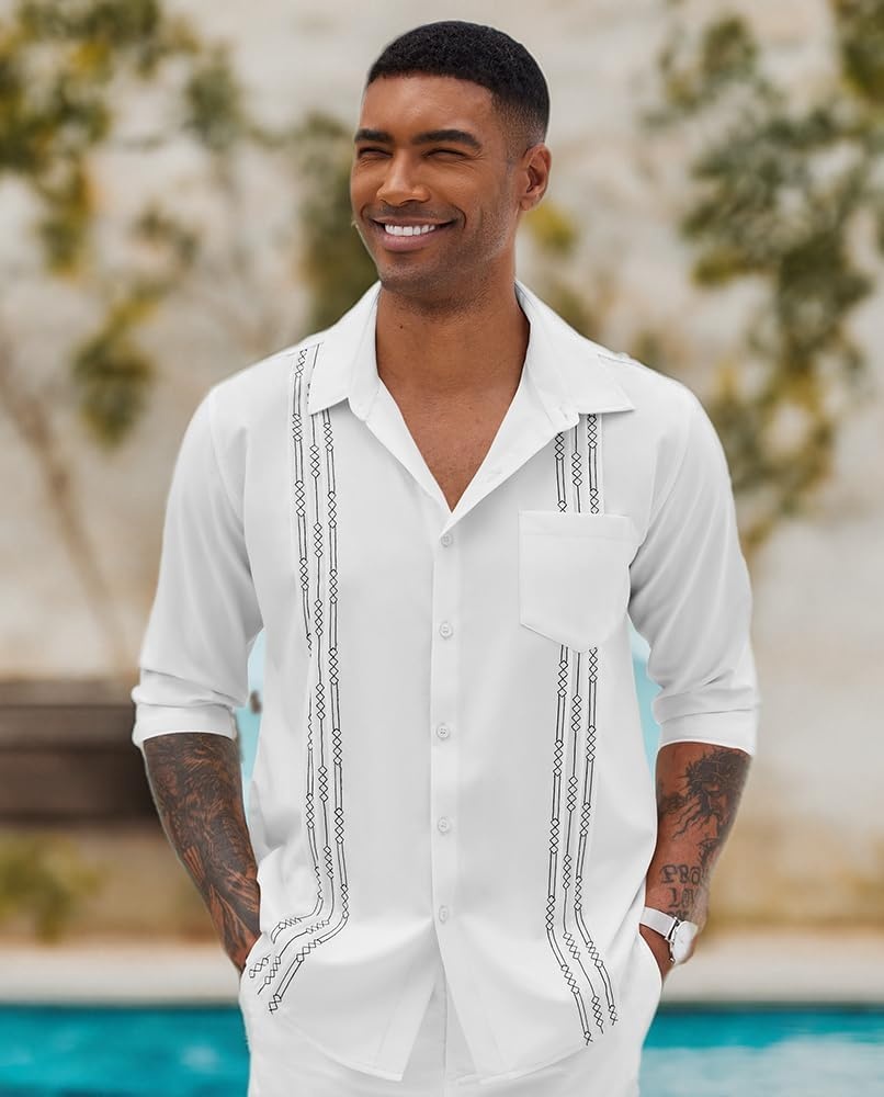 image:imageCOOFANDY Cuban Shirts for Men Long Sleeve Guayabera Shirts Button Up Linen Shirt Mexican Wedding Shirts White