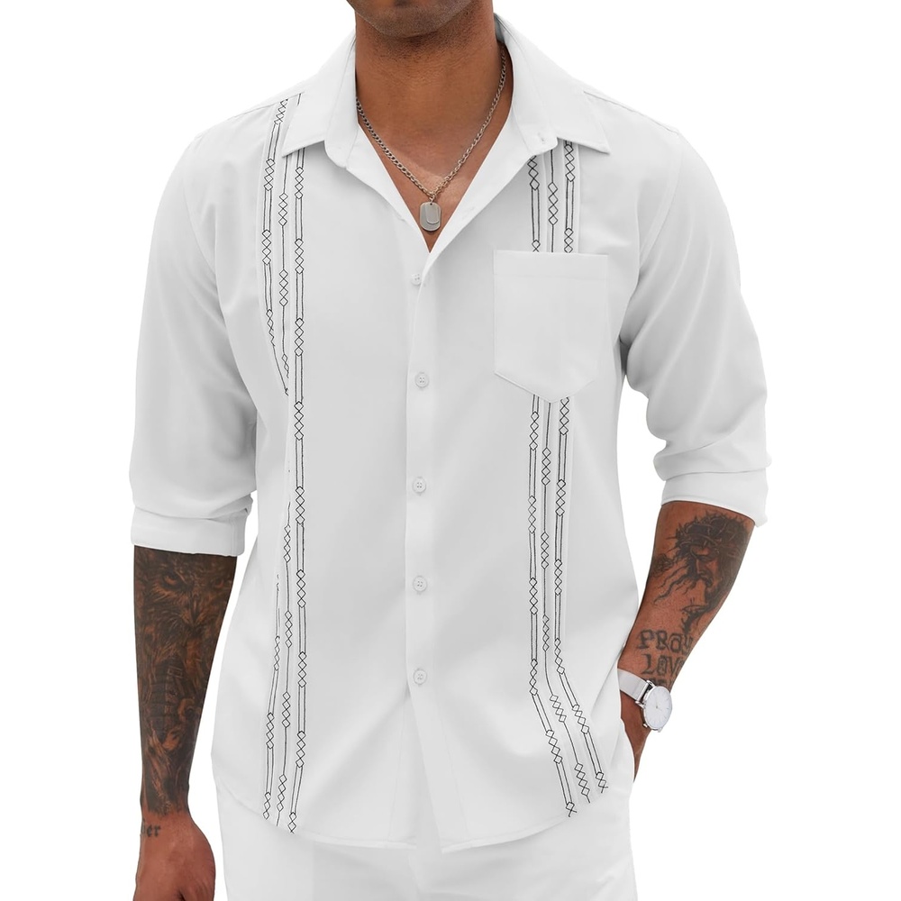 image:imageCOOFANDY Cuban Shirts for Men Long Sleeve Guayabera Shirts Button Up Linen Shirt Mexican Wedding Shirts White