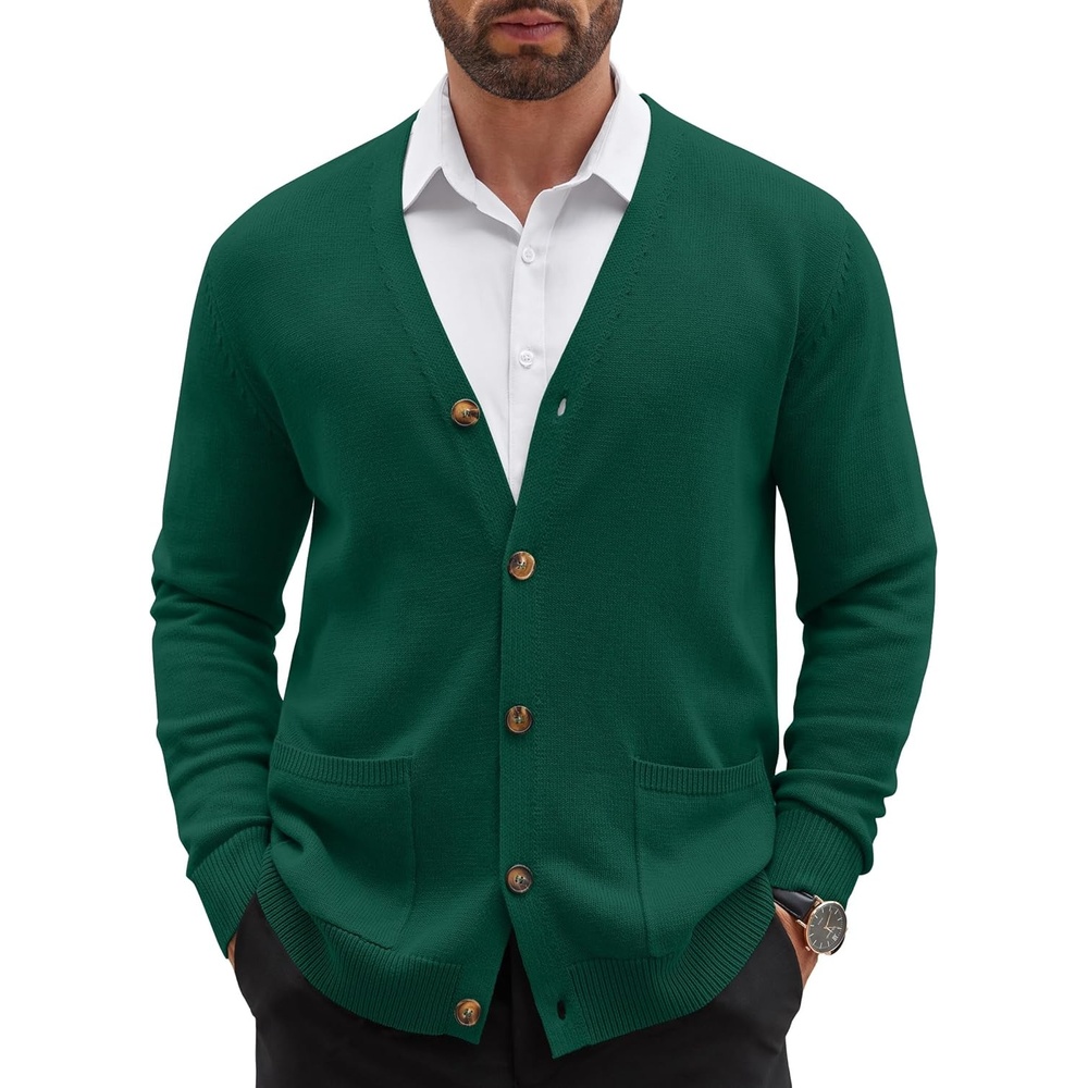 image:imageCOOFANDY Mens Cardigan Sweater Long Sleeve Lightweight Casual V Neck Button Down Knitted Sweater with PocketsDark Green