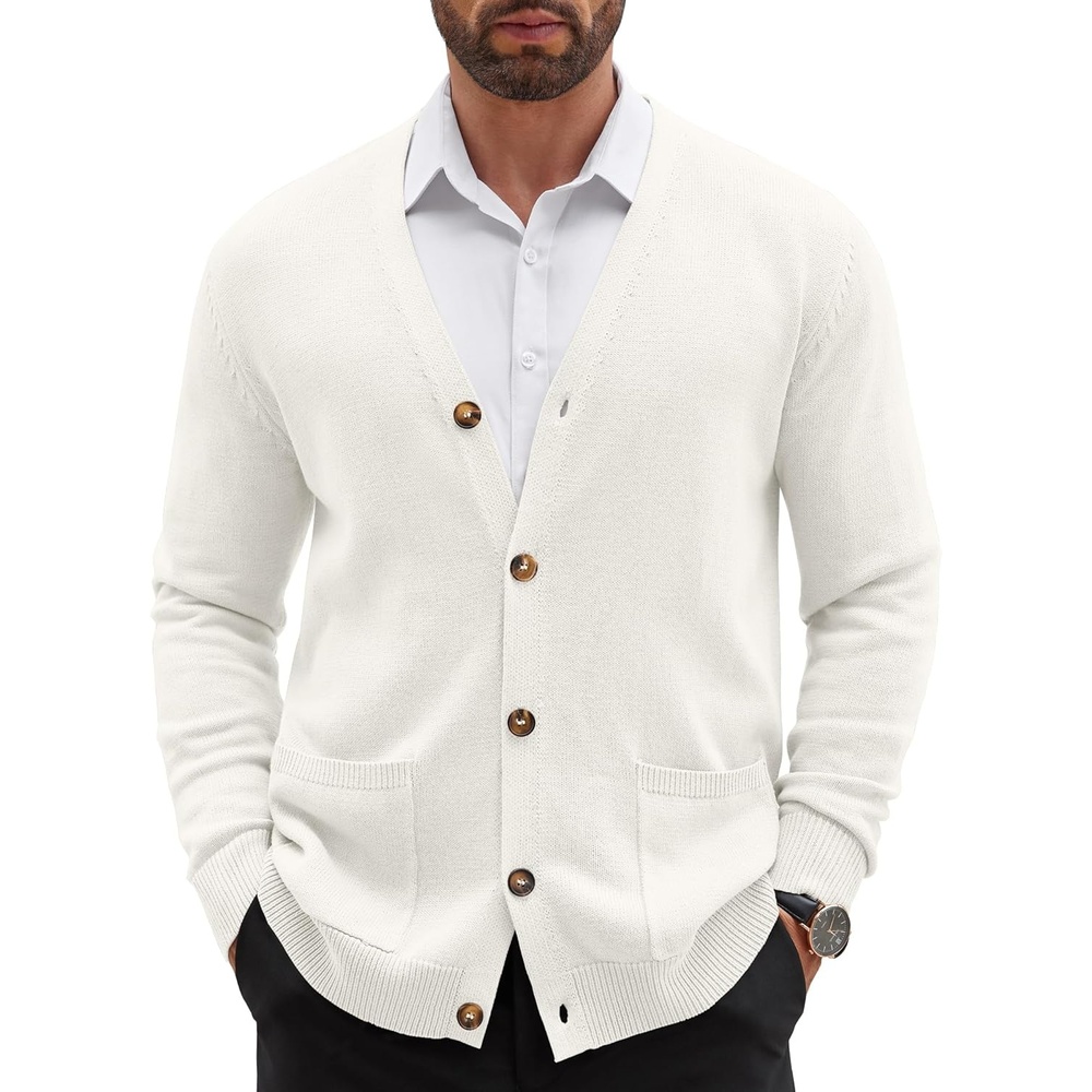 image:imageCOOFANDY Mens Cardigan Sweater Long Sleeve Lightweight Casual V Neck Button Down Knitted Sweater with PocketsIvory