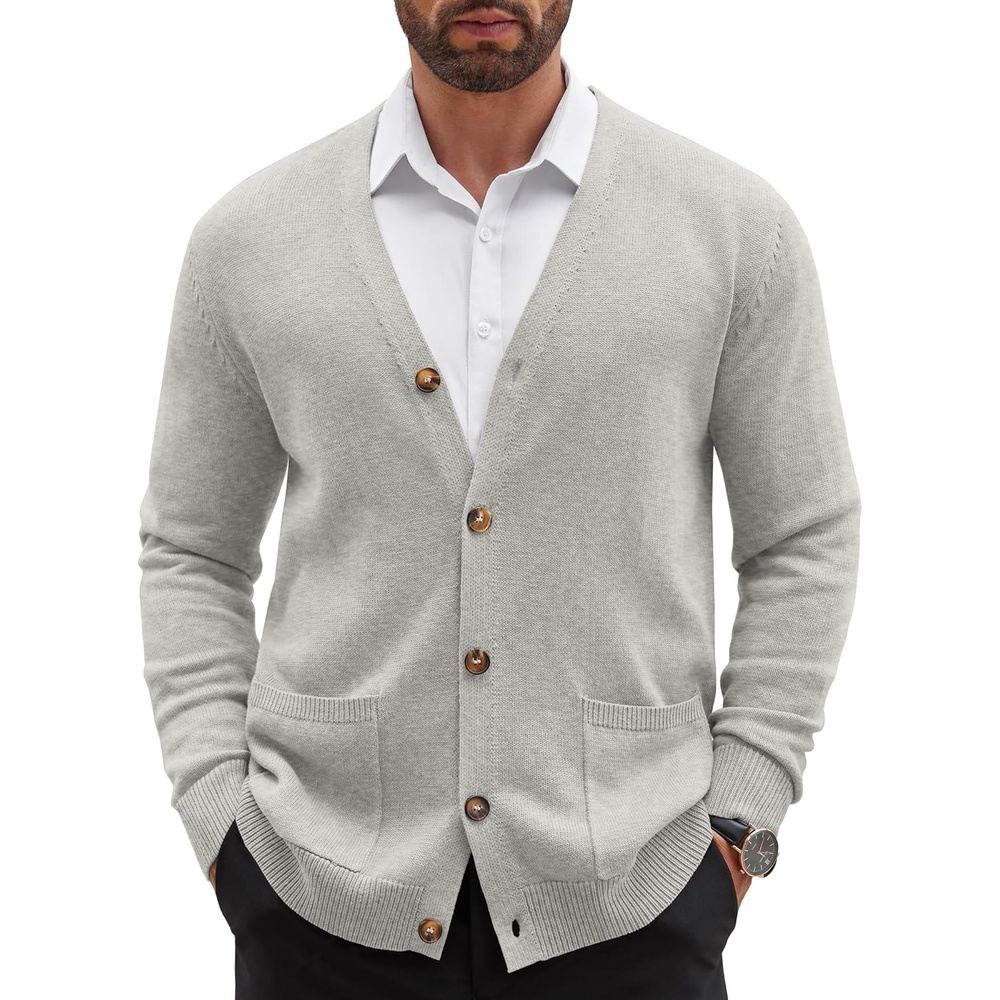 image:imageCOOFANDY Mens Cardigan Sweater Long Sleeve Lightweight Casual V Neck Button Down Knitted Sweater with PocketsLight Grey