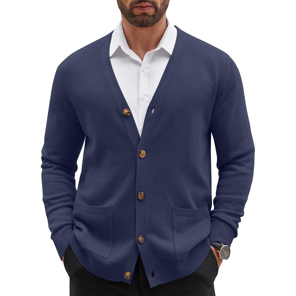 image:imageCOOFANDY Mens Cardigan Sweater Long Sleeve Lightweight Casual V Neck Button Down Knitted Sweater with PocketsNavy Blue
