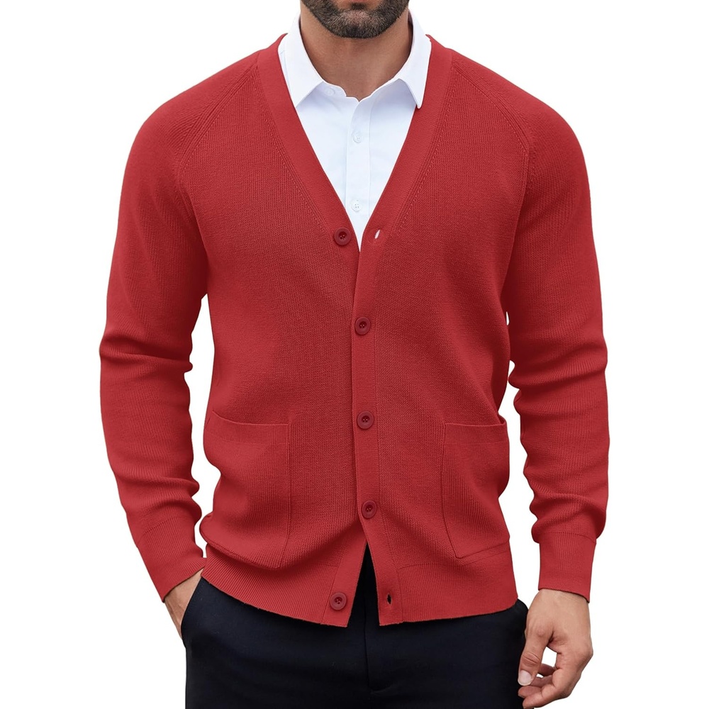image:imageCOOFANDY Mens Cardigan Sweaters with Button Lightweight Casual V Neck Long Sleeve Pockets Knitted SweaterDark Red
