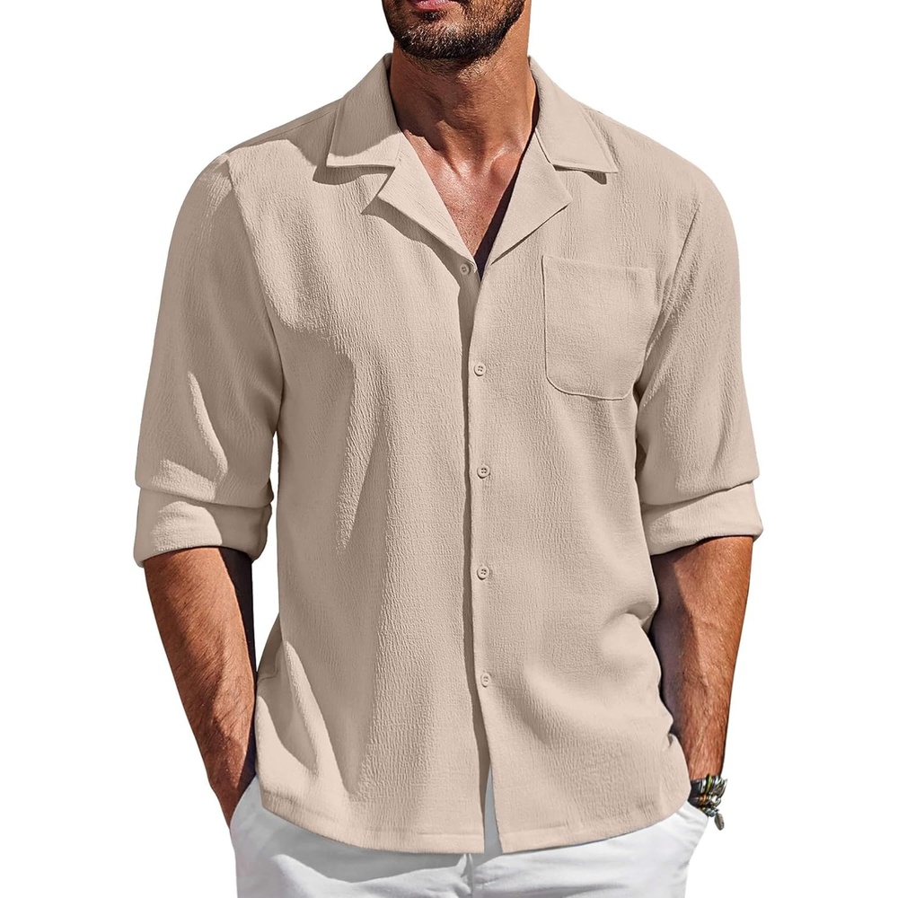 image:imageCOOFANDY Mens Casual Dress Long Sleeve Shirt Fashion Solid Beach Wedding Shirts Khaki 3XLarge