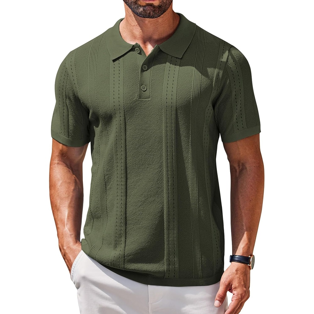image:imageCOOFANDY Mens Knit Polo Shirts Short Sleeve Button Down Textured Polo Shirt Cuban Guayabera Summer Beach ShirtsArmy Green