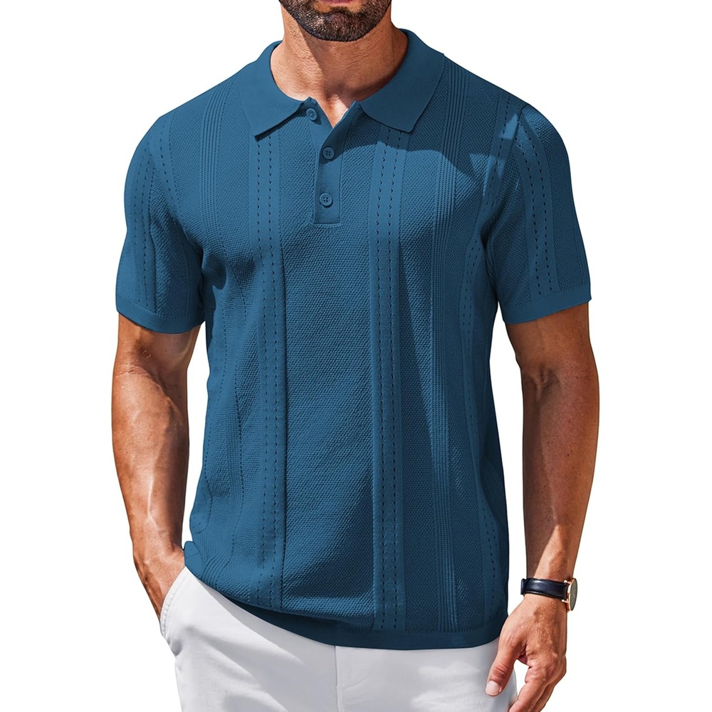 image:imageCOOFANDY Mens Knit Polo Shirts Short Sleeve Button Down Textured Polo Shirt Cuban Guayabera Summer Beach ShirtsDenim Blue