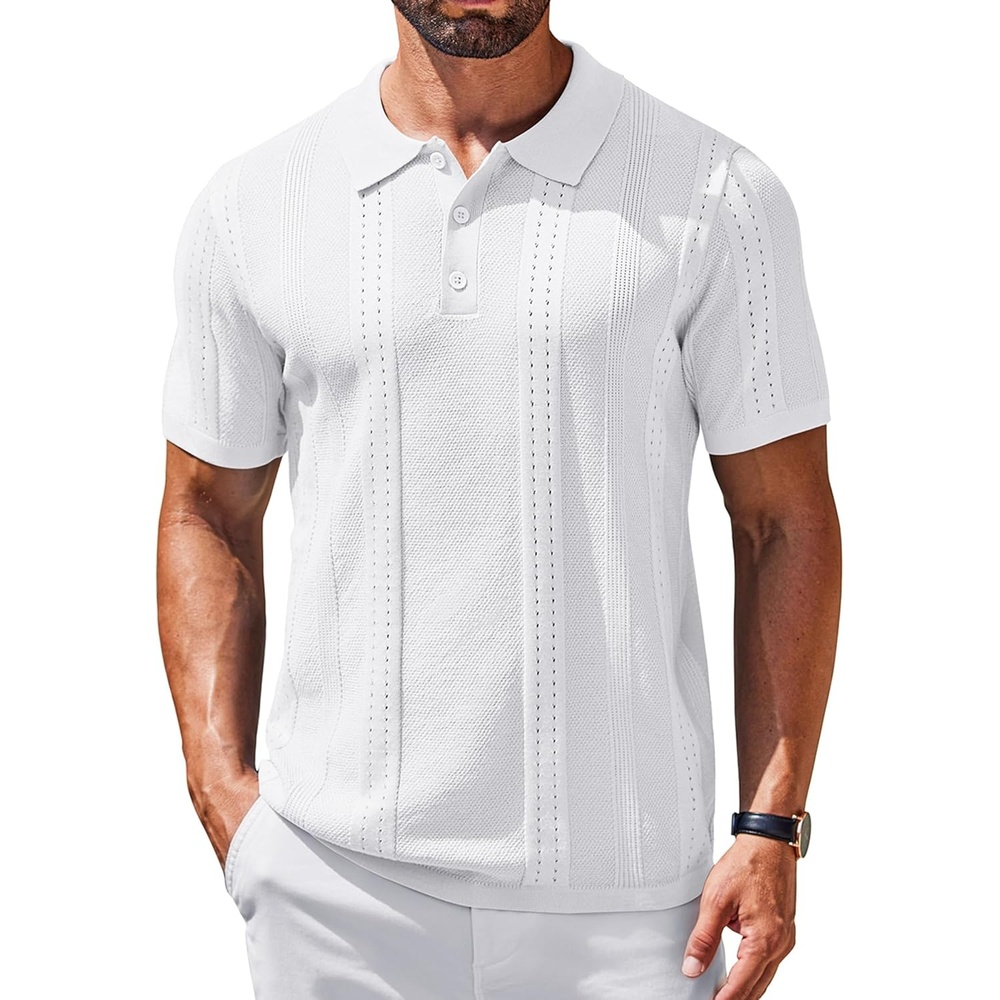 image:imageCOOFANDY Mens Knit Polo Shirts Short Sleeve Button Down Textured Polo Shirt Cuban Guayabera Summer Beach ShirtsWhite