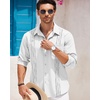 COOFANDY Cuban Shirts for Men Long Sleeve Guayabera Shirts Button Up Linen Shirt Mexican Wedding Shirts White