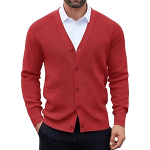 COOFANDY Men’s Cardigan Sweaters with Button Lightweight Casual V Neck Long Sleeve Pockets Knitted Sweater(Dark Red)
