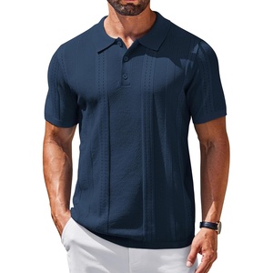 COOFANDY Mens Knit Polo Shirts Short Sleeve Button Down Textured Polo Shirt Cuban Guayabera Summer Beach Shirts(Navy Blue)