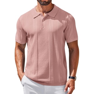 COOFANDY Mens Knit Polo Shirts Short Sleeve Button Down Textured Polo Shirt Cuban Guayabera Summer Beach Shirts(Pink)
