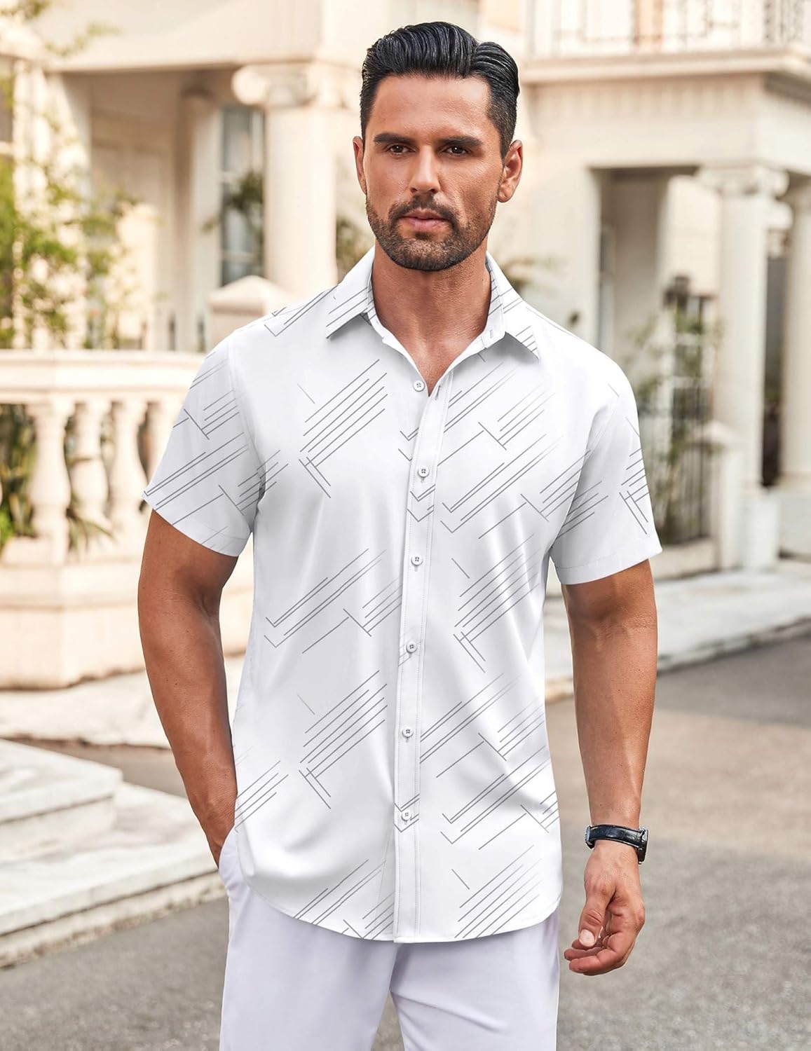 image:imageCOOFANDY Mens Button Down Shirt Short Sleeve Dress Shirt Casual Beach Summer Wedding ShirtWhite Irregular Lines