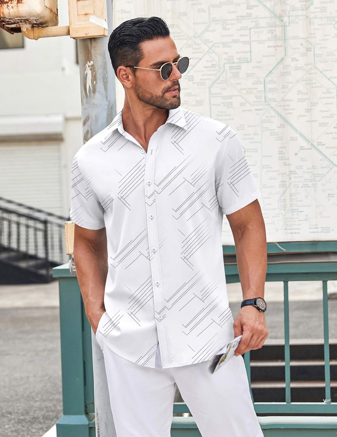 image:imageCOOFANDY Mens Button Down Shirt Short Sleeve Dress Shirt Casual Beach Summer Wedding ShirtWhite Irregular Lines