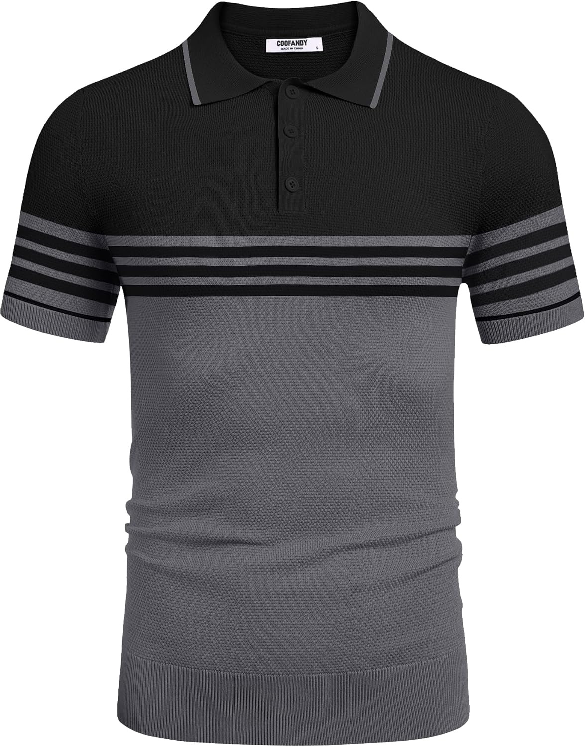 image:imageCOOFANDY Mens Knit Polo Shirts Casual Short Sleeve Button Down Shirts Crochet Classic Golf Polo Collared ShirtsBlack With Grey Stripes