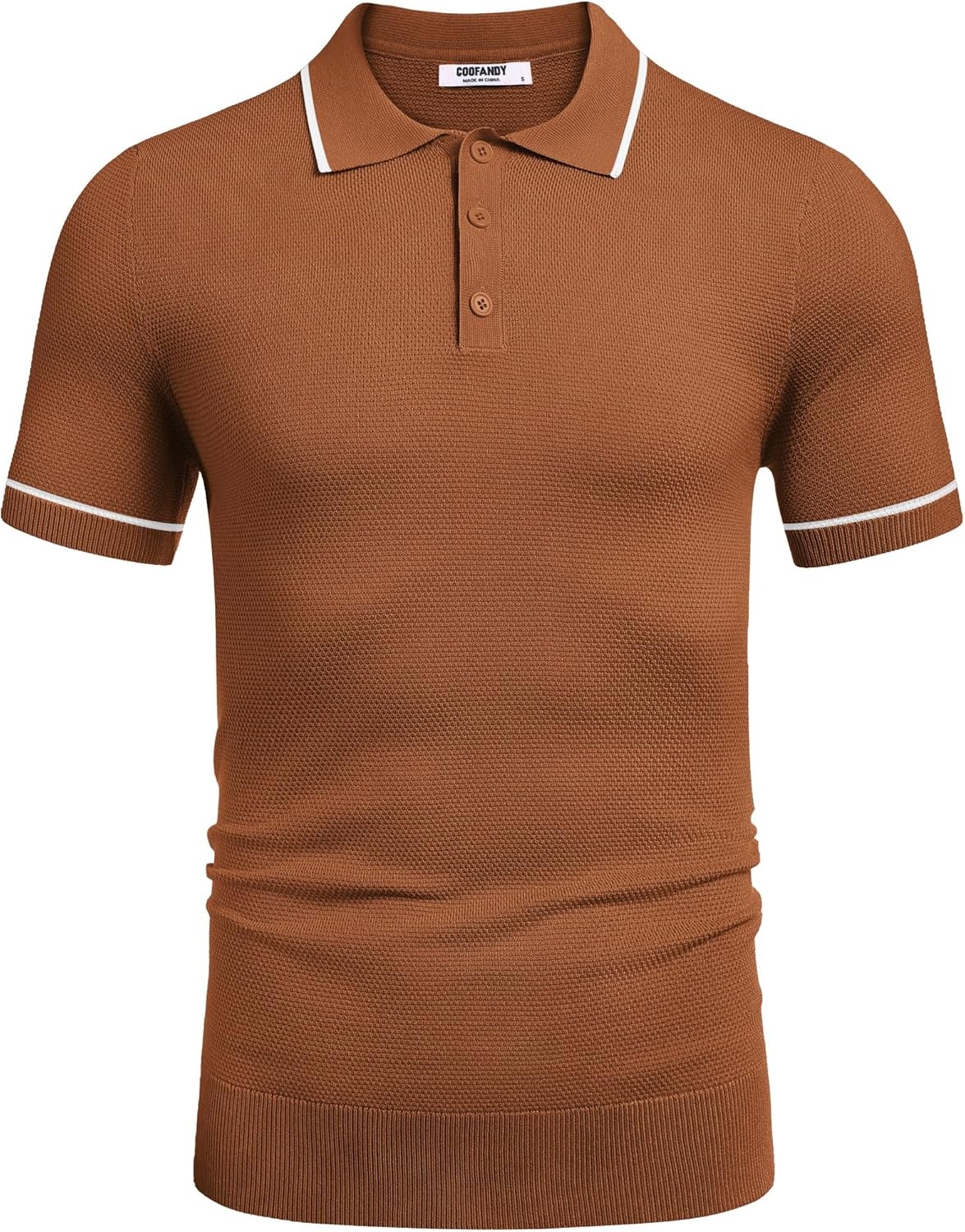 image:imageCOOFANDY Mens Knit Polo Shirts Casual Short Sleeve Button Down Shirts Crochet Classic Golf Polo Collared ShirtsLight Brown