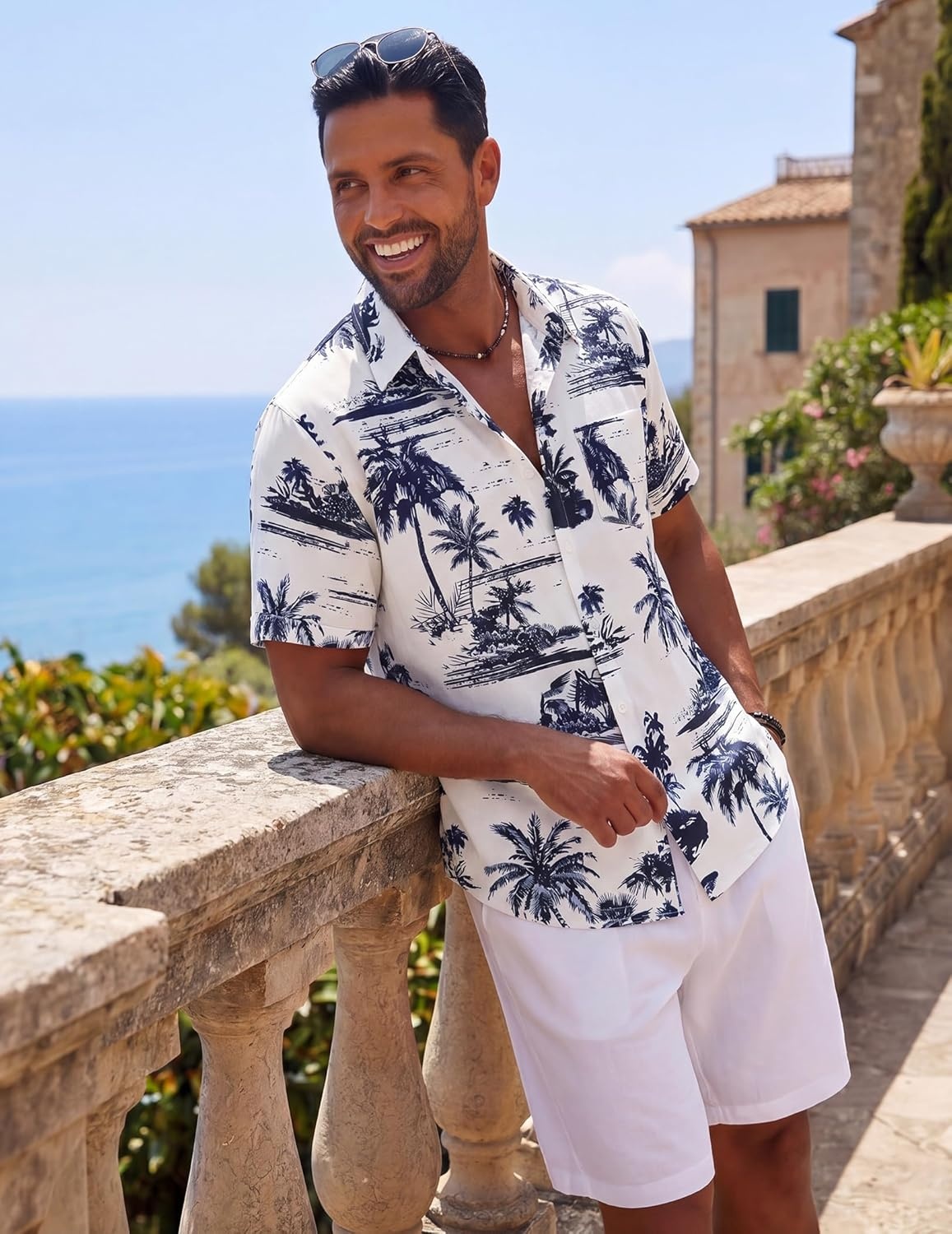 image:imageCOOFANDY Mens Short Sleeve Button Down Shirts Casual Cotton Beach Summer Linen Textured ShirtsCoconut Treewhite