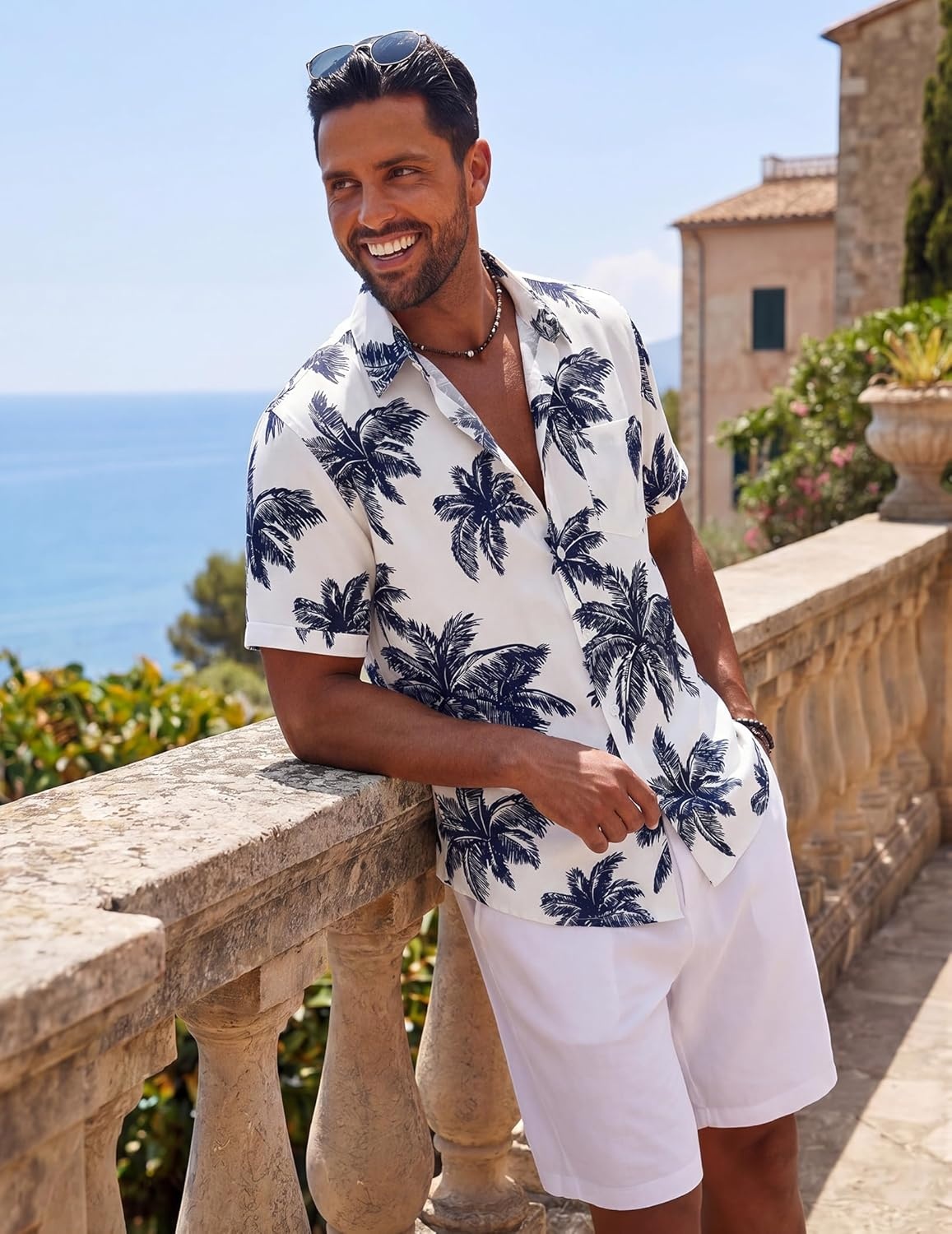 image:imageCOOFANDY Mens Short Sleeve Button Down Shirts Casual Cotton Beach Summer Linen Textured ShirtsPalm Leaf Printnavy