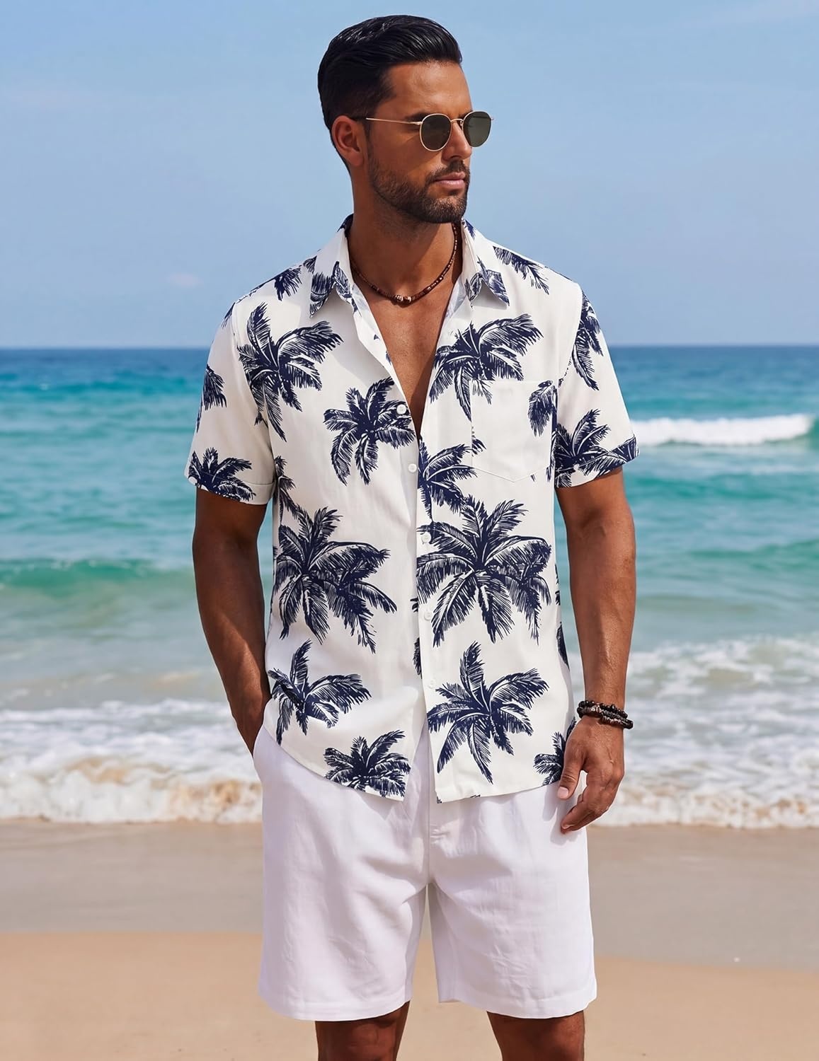 image:imageCOOFANDY Mens Short Sleeve Button Down Shirts Casual Cotton Beach Summer Linen Textured ShirtsPalm Leaf Printnavy