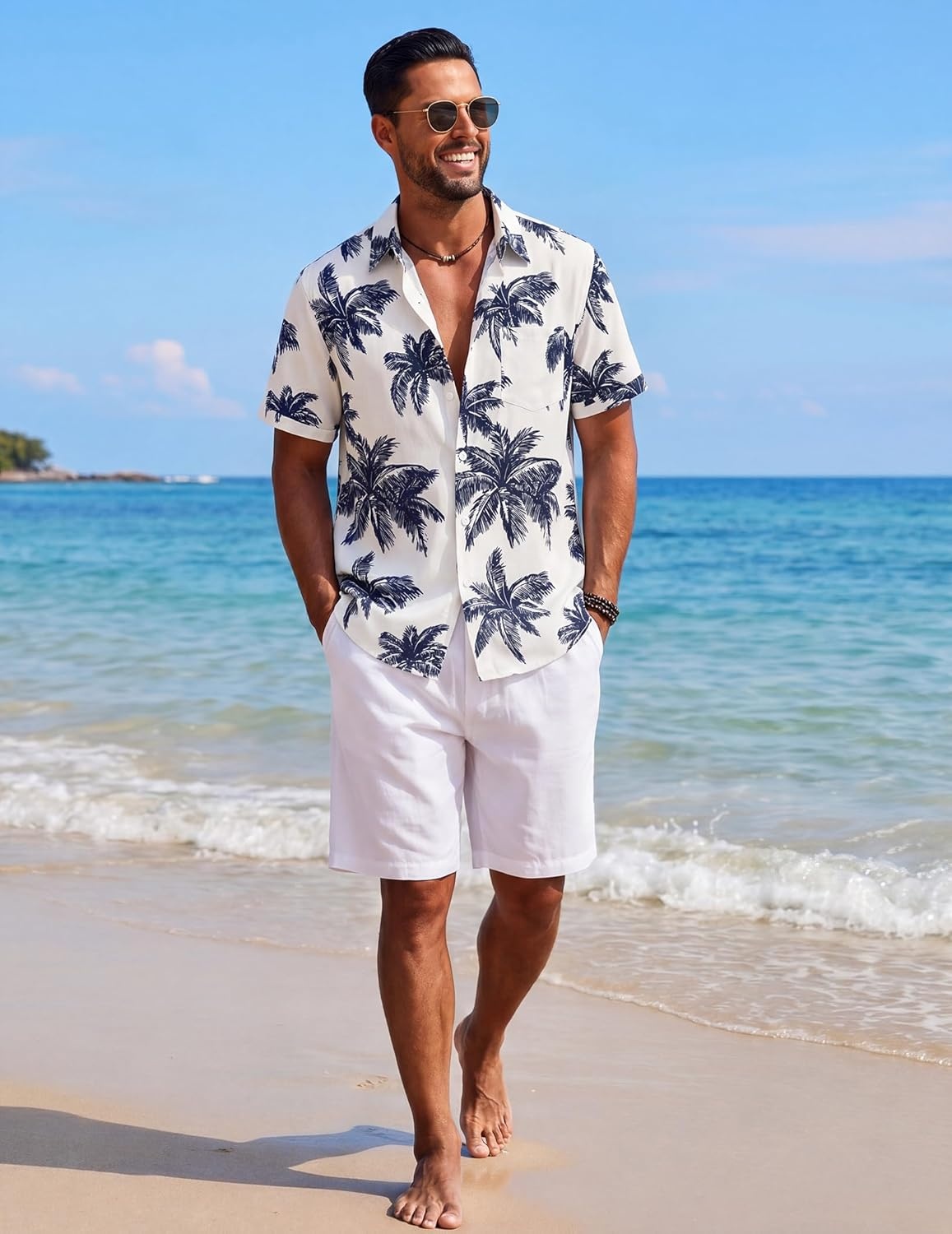 image:imageCOOFANDY Mens Short Sleeve Button Down Shirts Casual Cotton Beach Summer Linen Textured ShirtsPalm Leaf Printnavy
